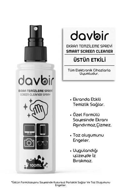 DAVBIR Üstün Etkili Ekran Temizleyici Sprey Bilgisayar, Telefon, Tablet, Televizyon Temizleyici Sprey 100ml